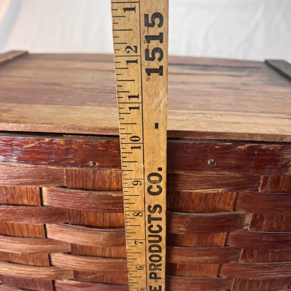Vintage Woven Wood Picnic Basket Dual Handles Hinged Slatted Lid Large Rustic